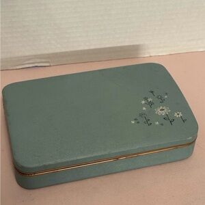 VTG Jewerly Box Hinged Farrington Genuine Felt Lined Teal Green Floral Daisy